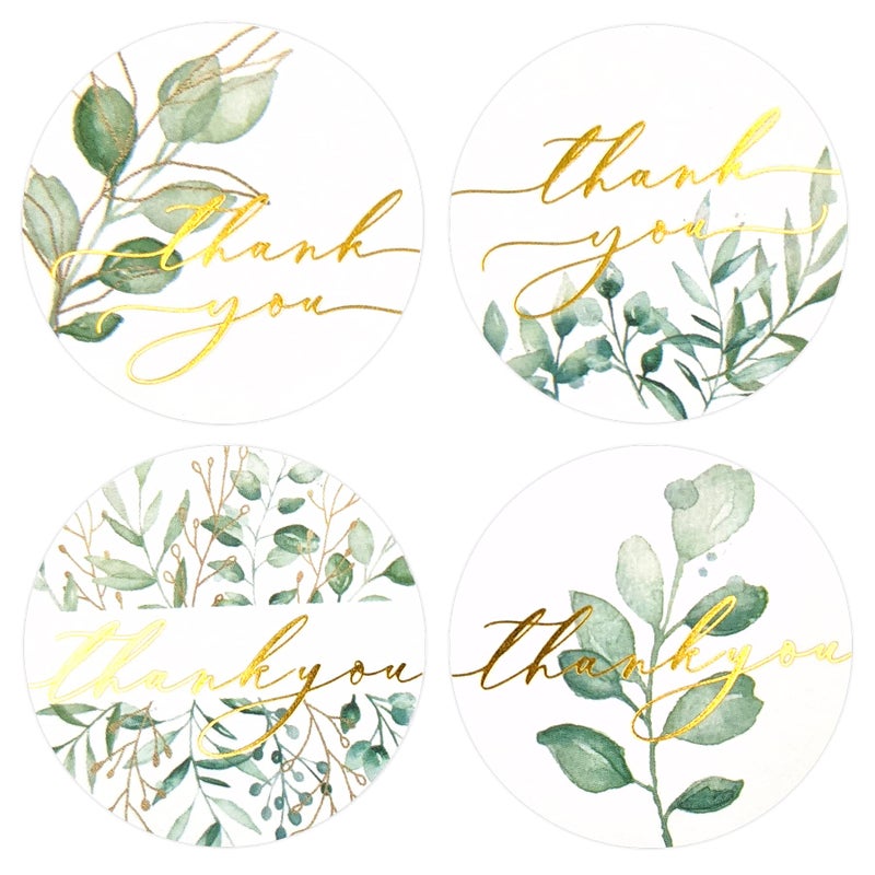 Gooji Thank You Stickers â€“ 500Pcs Roll Greenery Gold Foil Thank You Stamp â€“ 1.5 Inch Thank You Stickers for Packaging â€“ 4 Designs â€“ Ideal for Wedding and Party Favors, Envelopes, Boutiques - Image 1